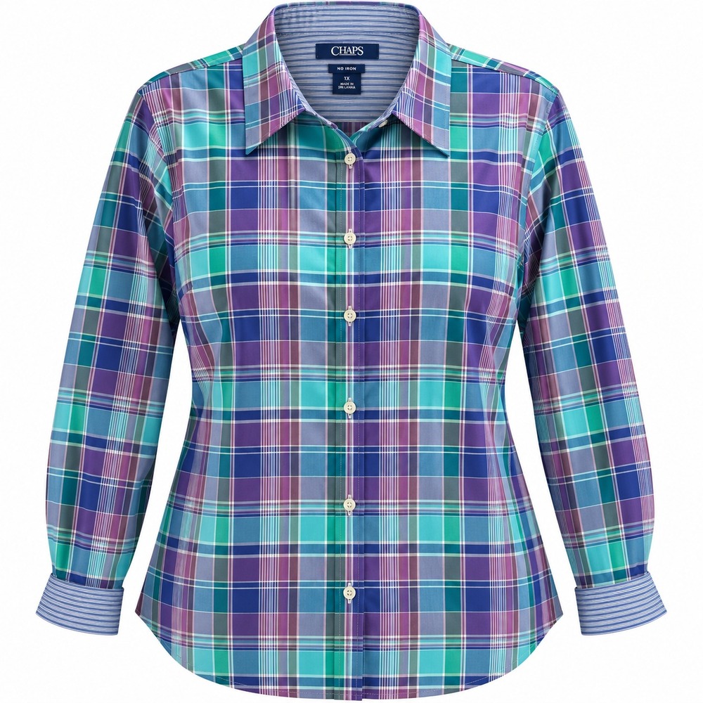 Chaps Button Down Shirt Woman 1X Blue Purple Plaid No Iron Slimming Fit NEW